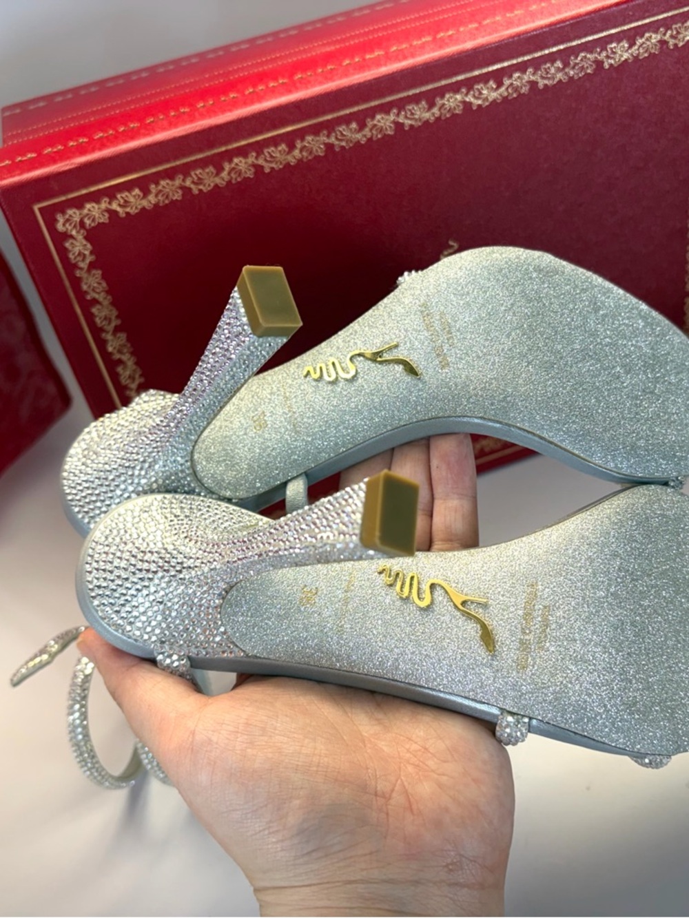 New in Box Rene Caovilla Silver Crystal Spiral Wrap Open Toed High-Heels - Picture 6 of 8